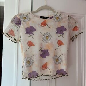 Nasty Gal Floral Mesh Crop Top - White, Purple, Orange
